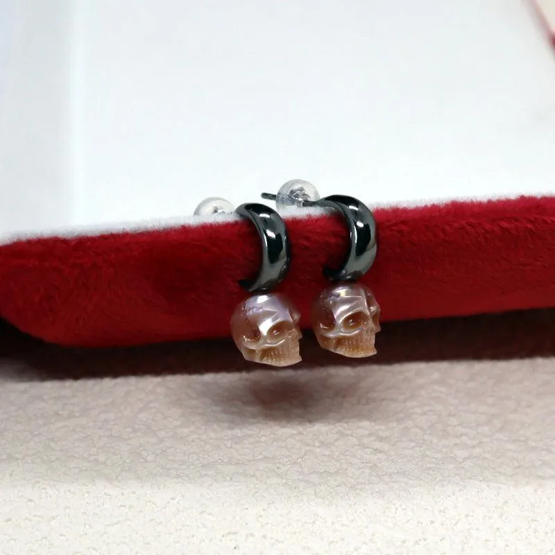Crescent Pearl Skull Black Gold Plated Earrings