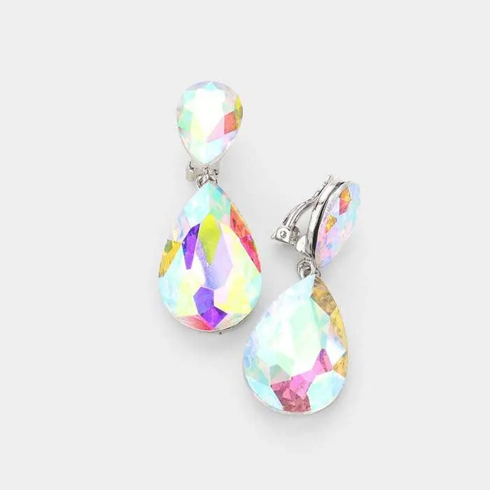 Crystal Aurora Borealis Double Teardrop Clip-on Evening Earrings