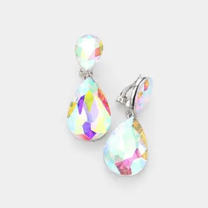 Crystal Aurora Borealis Double Teardrop Clip-on Evening Earrings