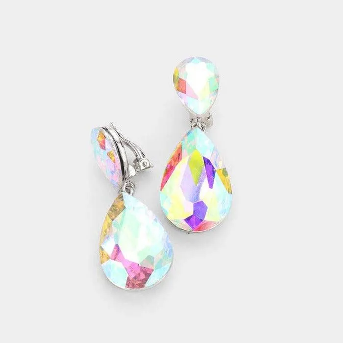 Crystal Aurora Borealis Double Teardrop Clip-on Evening Earrings