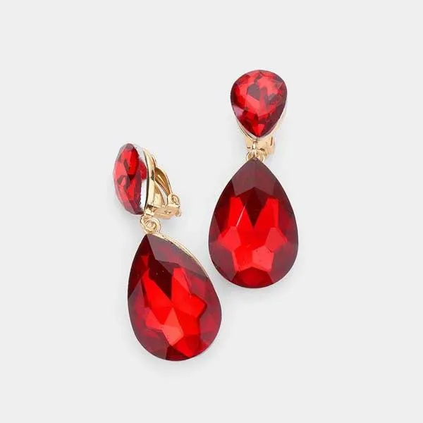 Crystal Red Double Teardrop Clip-on Gold Earrings