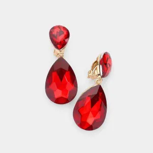 Crystal Red Double Teardrop Clip-on Gold Earrings