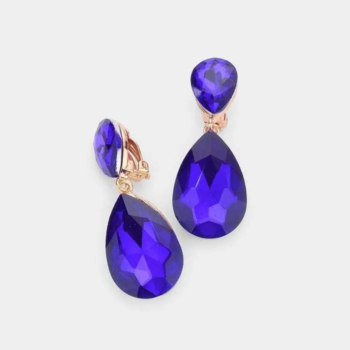 Crystal Sapphire Blue Double Teardrop Clip-on Gold Earrings