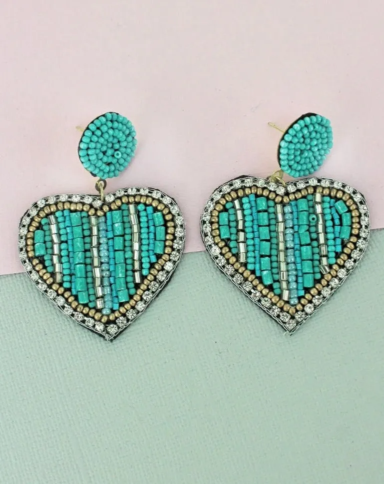 CRYSTAL TRIMMED BLUE BEAD STRIPED HEART EARRINGS