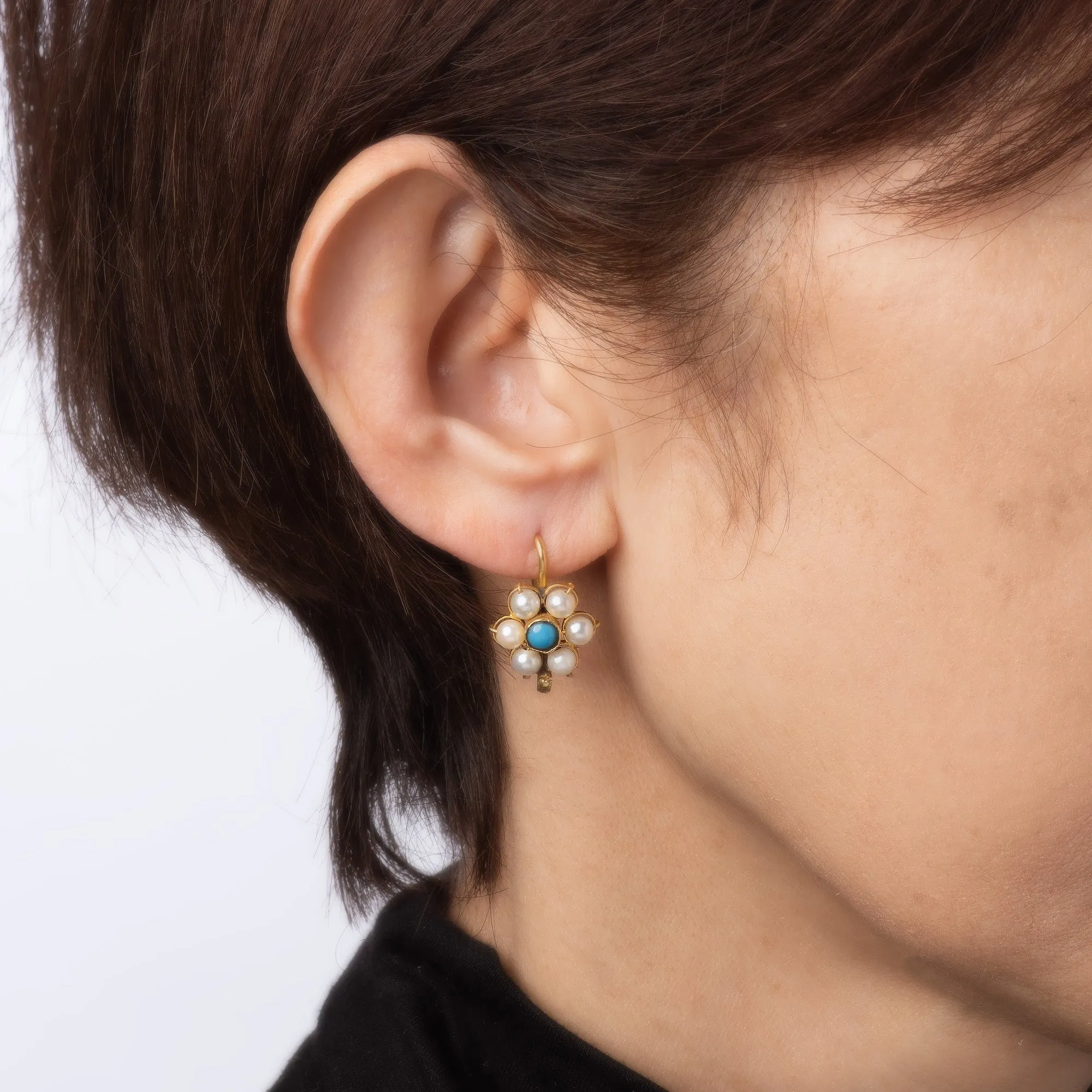 Cultured Pearl Turquoise Earrings Daisy Flower 18k Yellow Gold Vintage Jewelry
