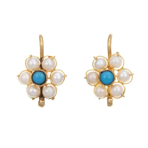 Cultured Pearl Turquoise Earrings Daisy Flower 18k Yellow Gold Vintage Jewelry