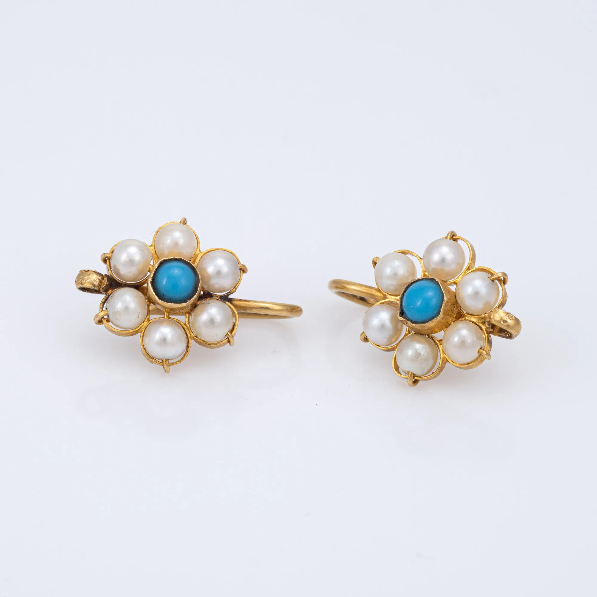 Cultured Pearl Turquoise Earrings Daisy Flower 18k Yellow Gold Vintage Jewelry