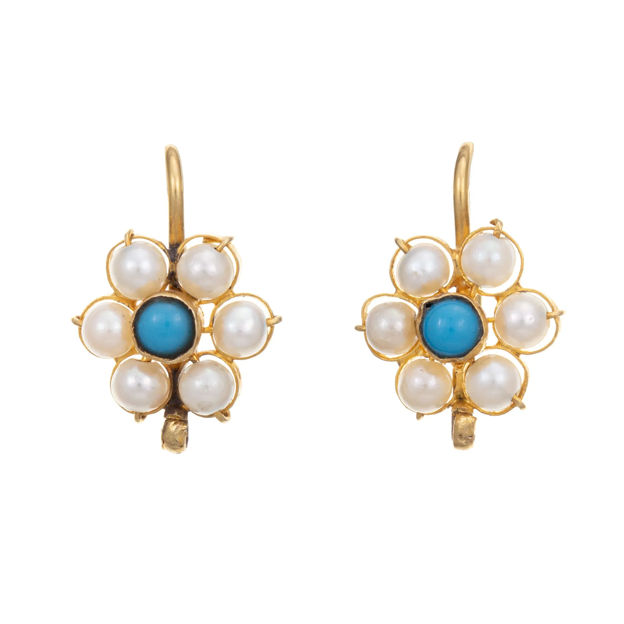 Cultured Pearl Turquoise Earrings Daisy Flower 18k Yellow Gold Vintage Jewelry
