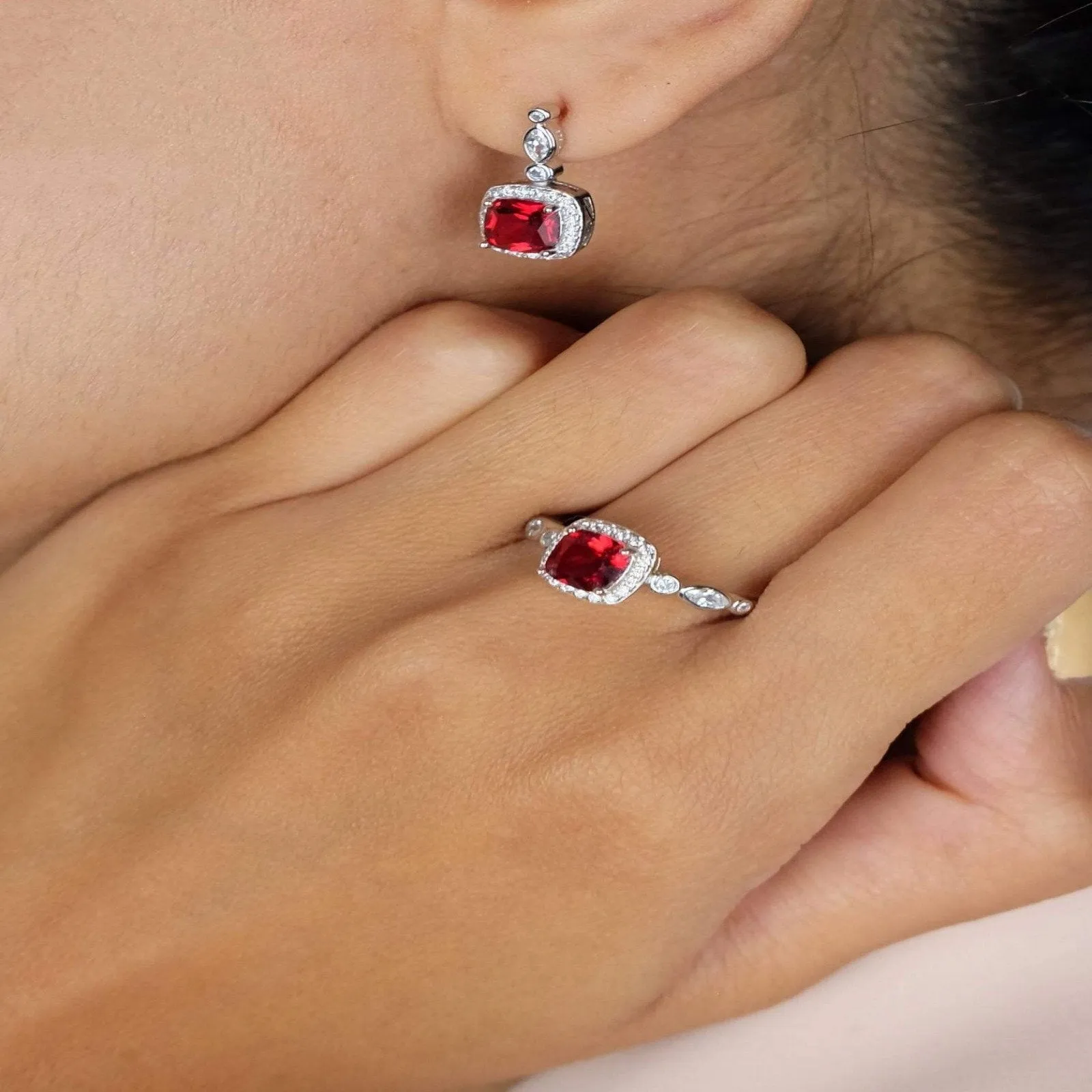 Cushion Pendant, Ring, Earring Set