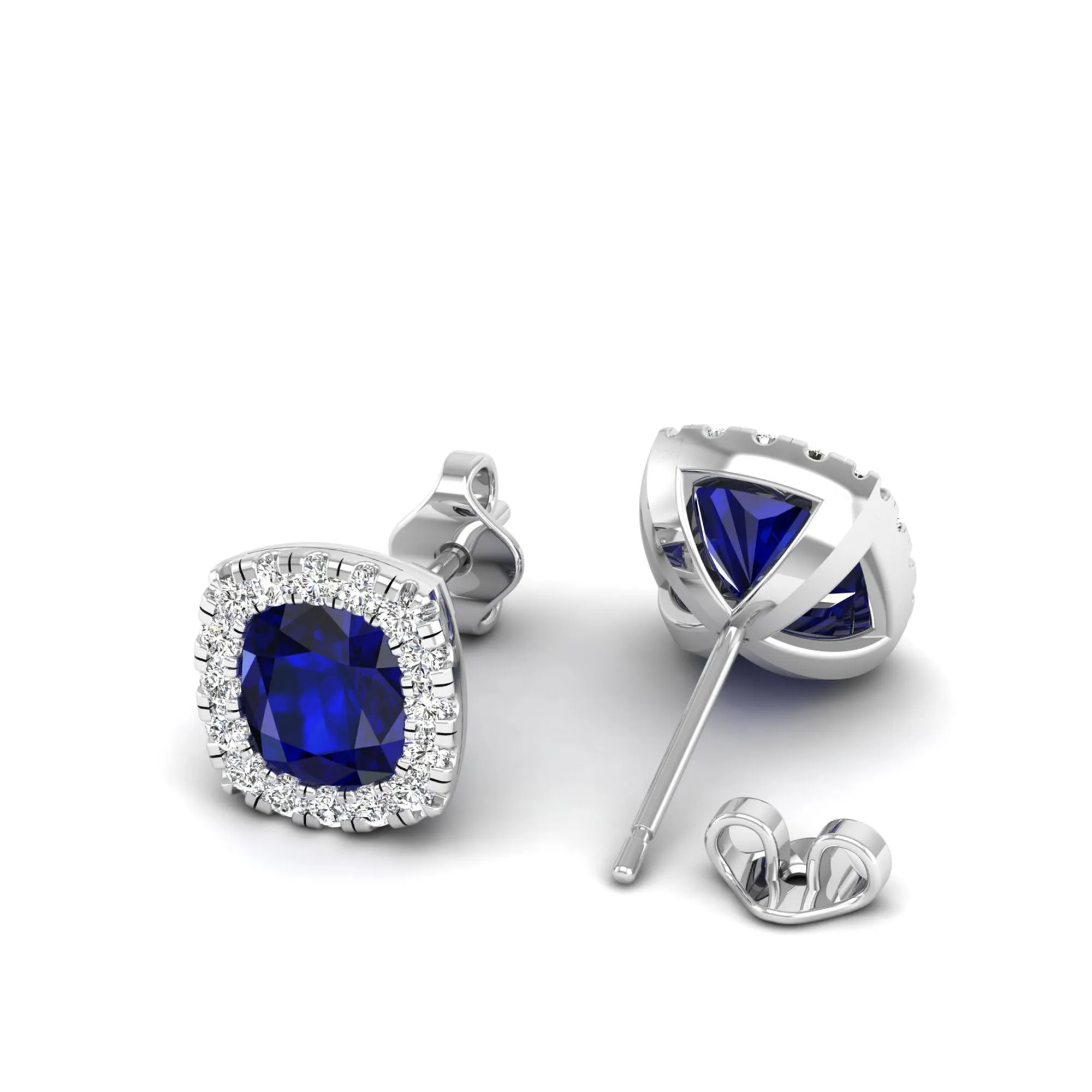 Cushion Sapphire with Halo Diamond Stud Earrings