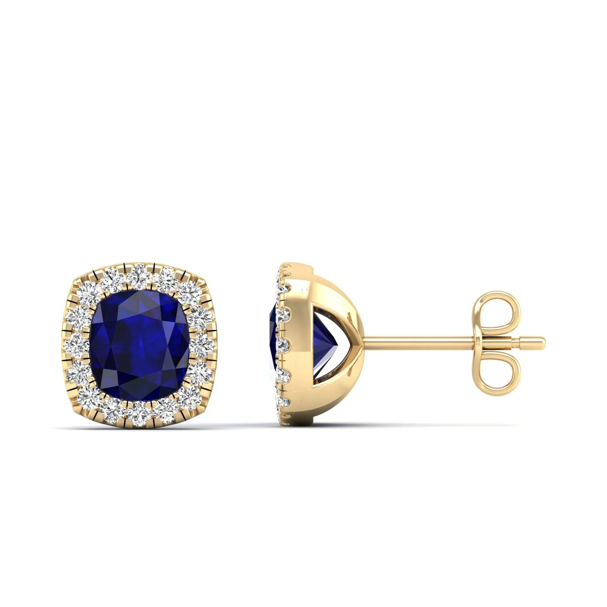 Cushion Sapphire with Halo Diamond Stud Earrings