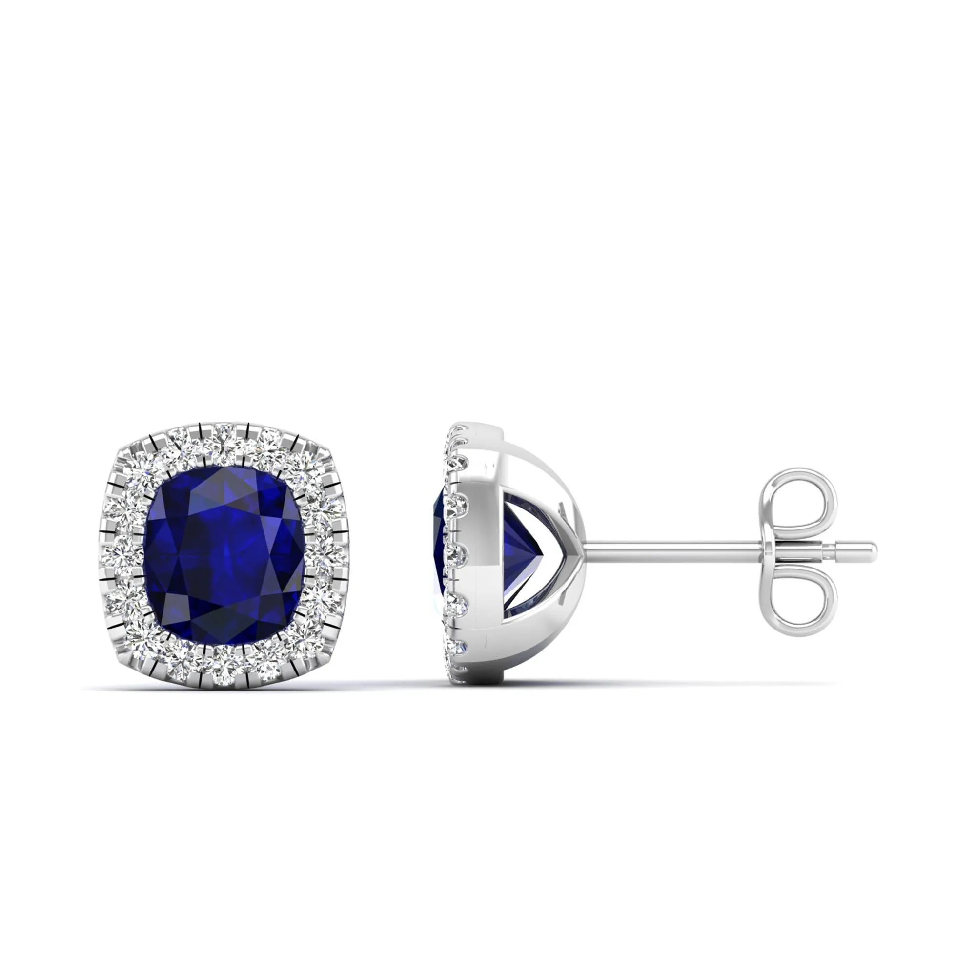 Cushion Sapphire with Halo Diamond Stud Earrings