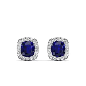 Cushion Sapphire with Halo Diamond Stud Earrings