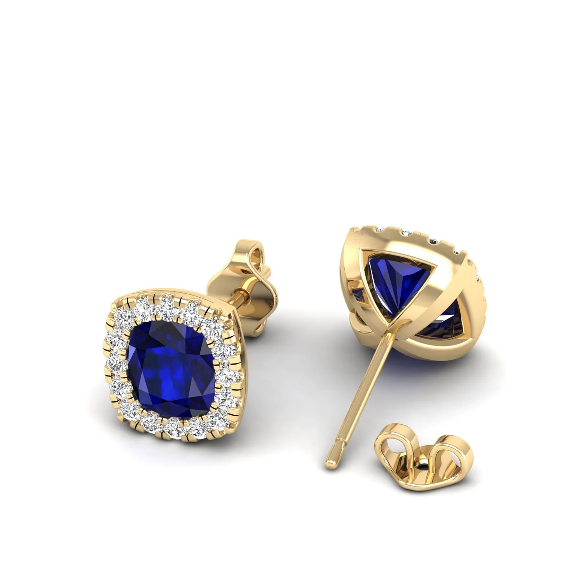 Cushion Sapphire with Halo Diamond Stud Earrings