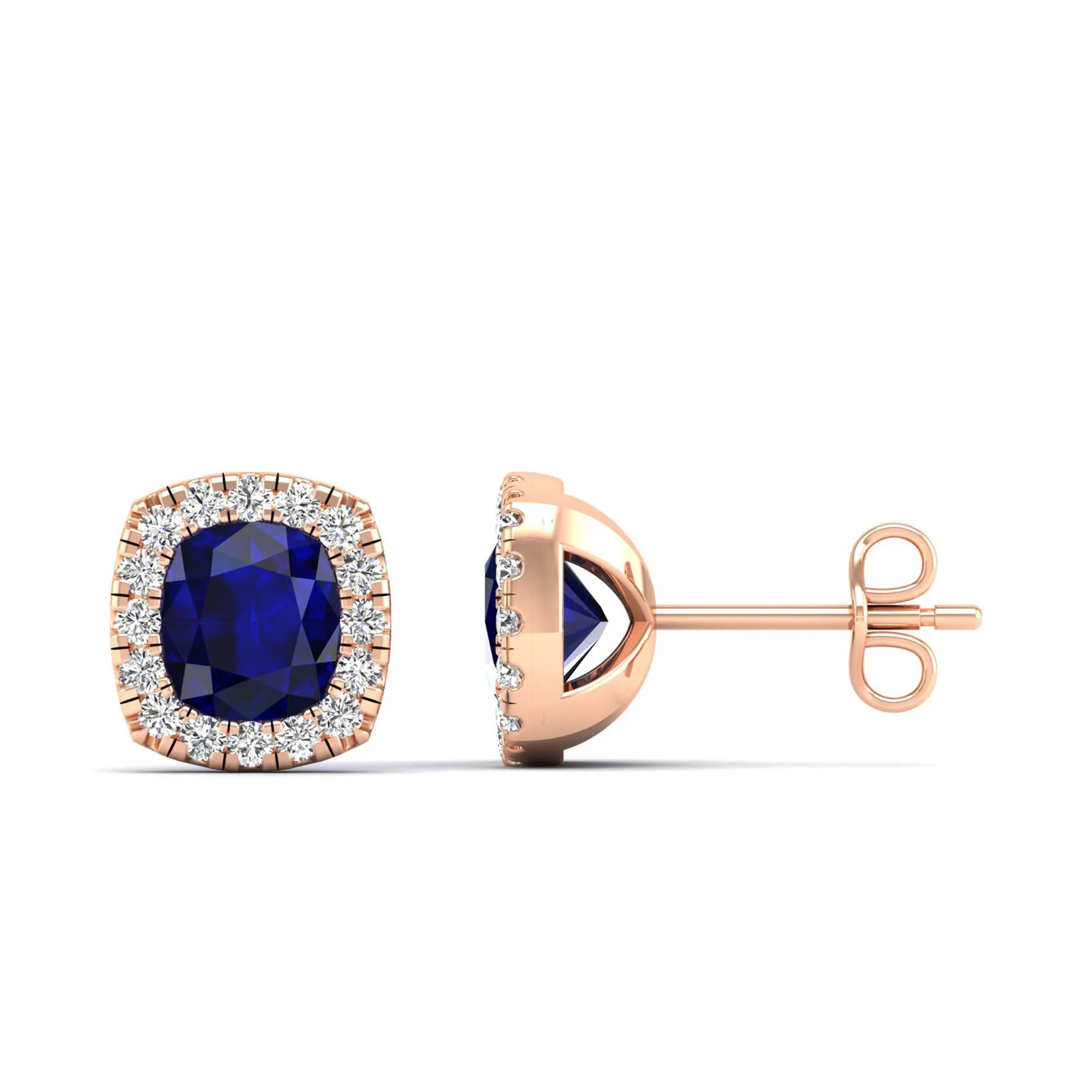 Cushion Sapphire with Halo Diamond Stud Earrings