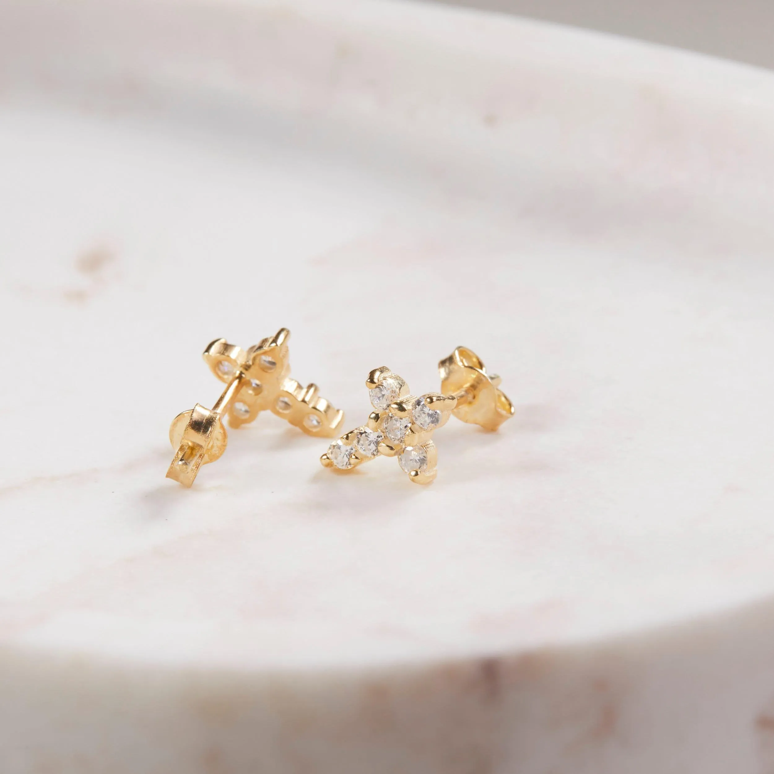 CZ Diamond Cross Stud Earrings - 18K Gold Vermeil