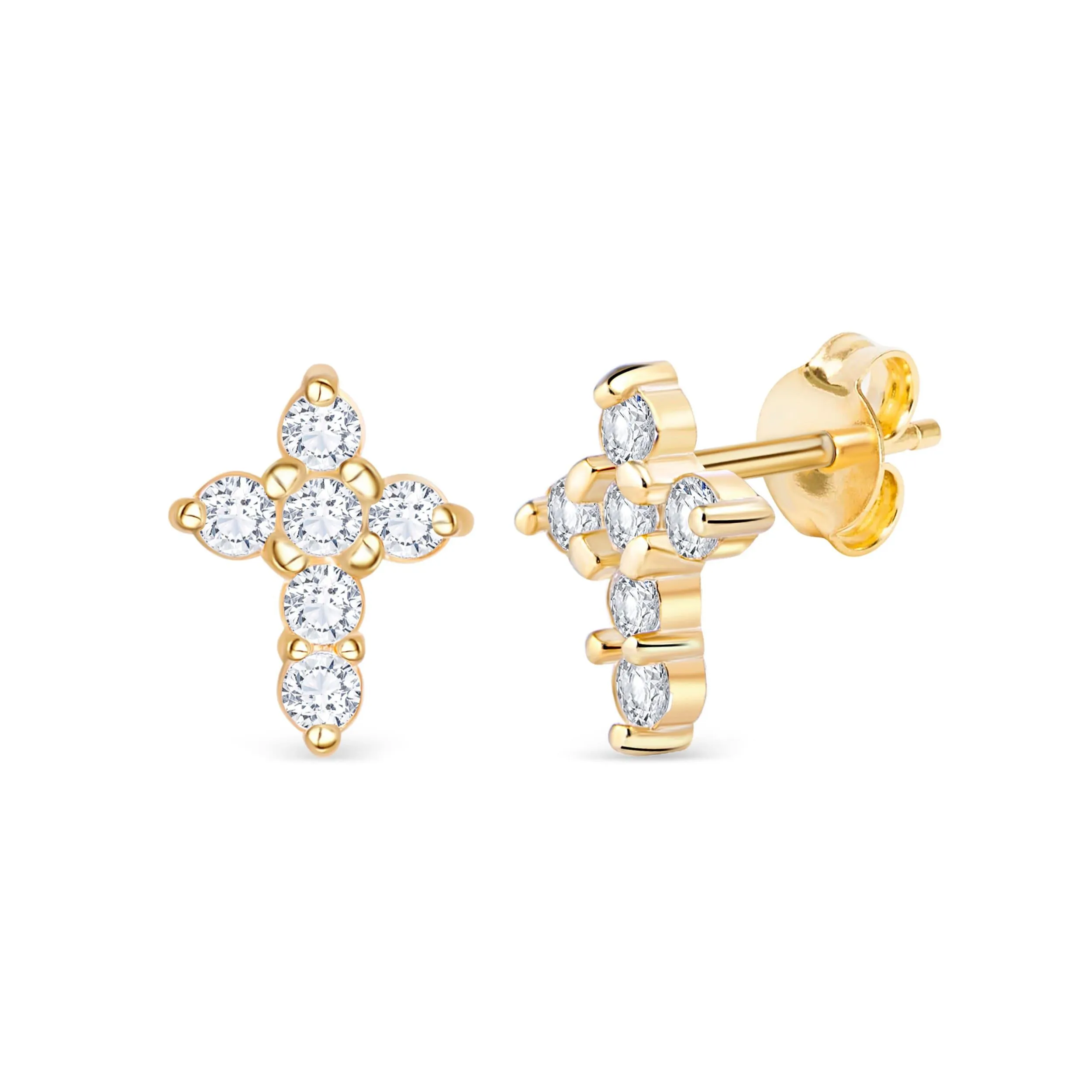 CZ Diamond Cross Stud Earrings - 18K Gold Vermeil