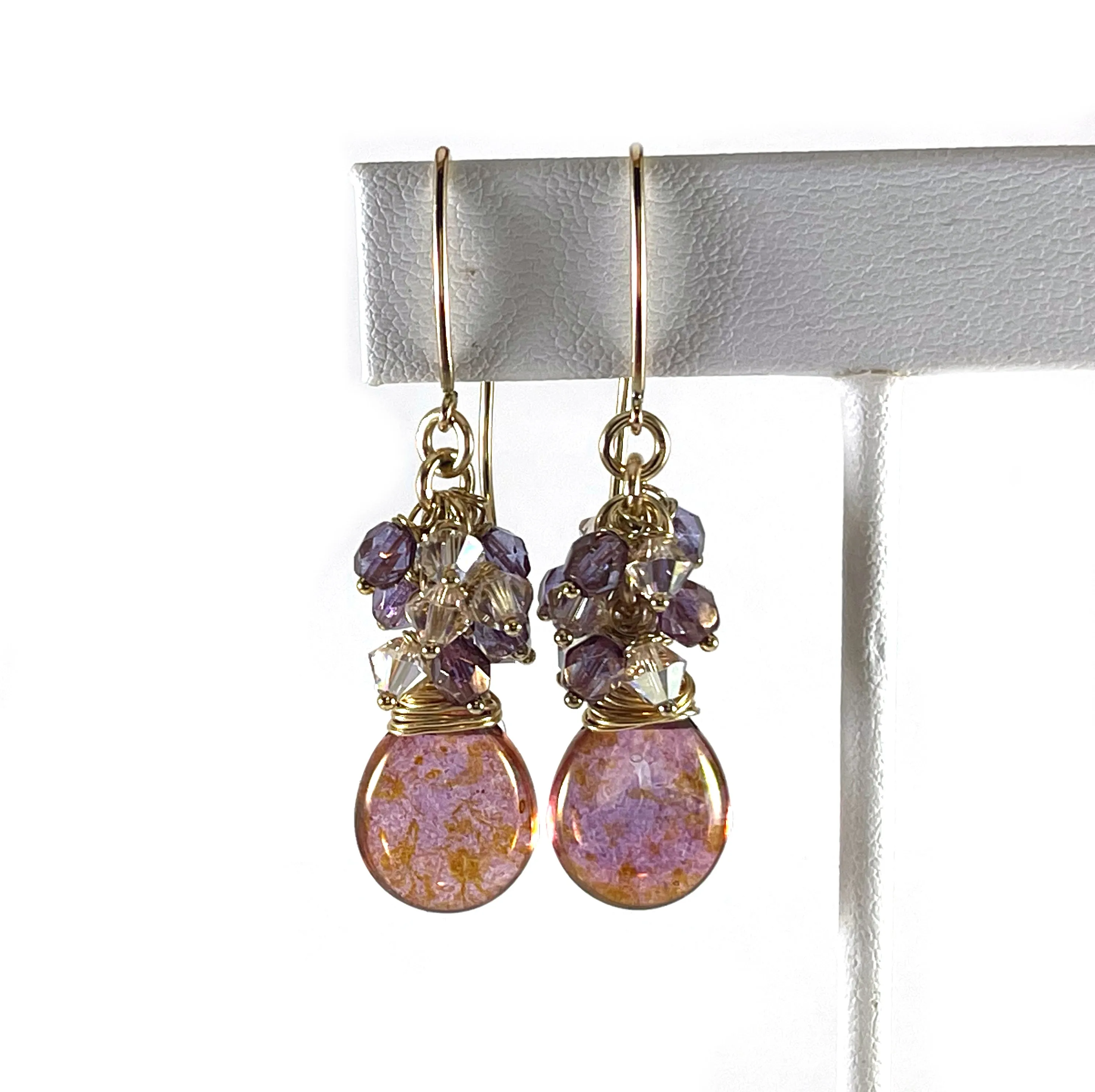 Czech Glass and Swarovski Crystal Cluster Wire Wrapped Earrings