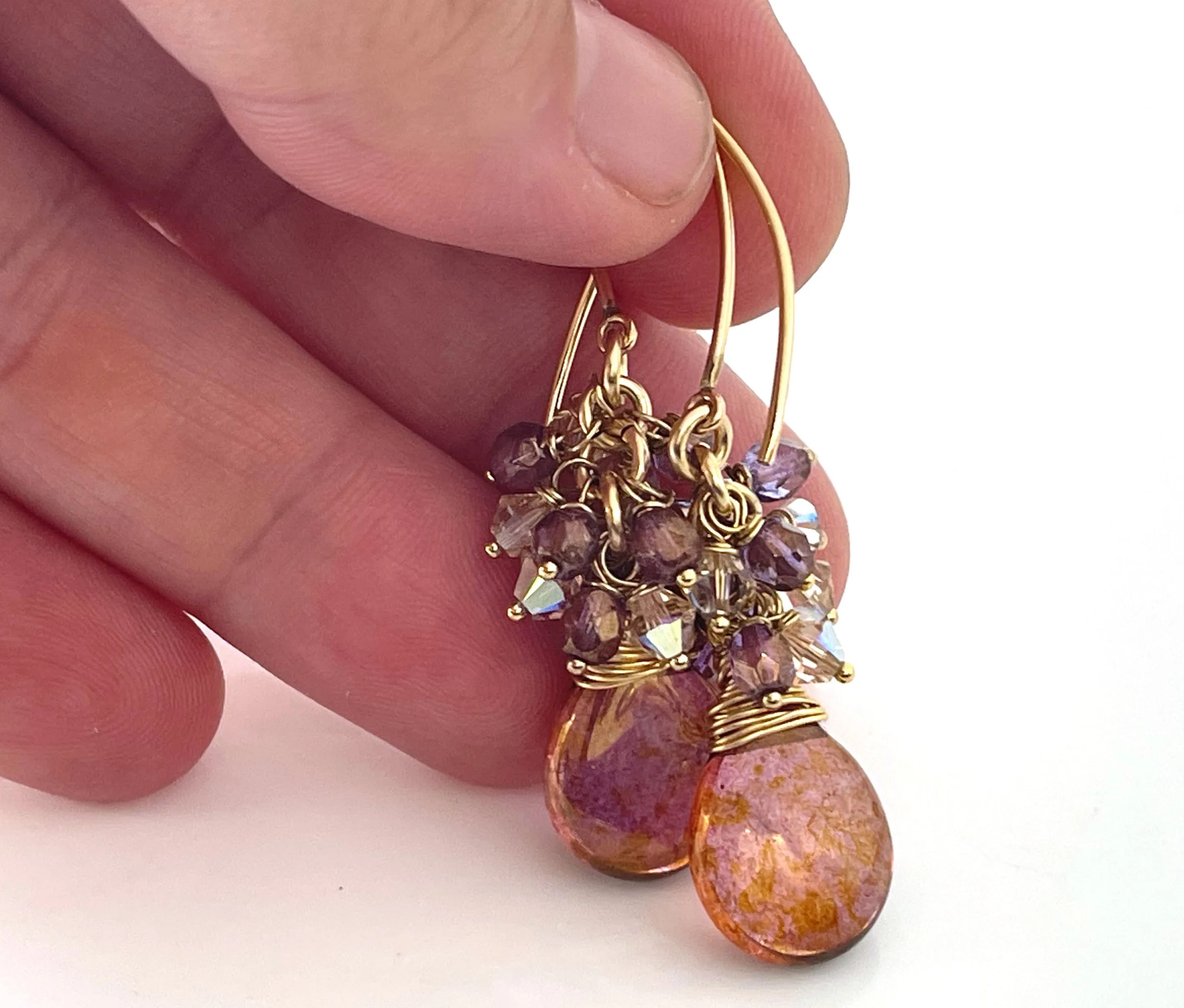 Czech Glass and Swarovski Crystal Cluster Wire Wrapped Earrings