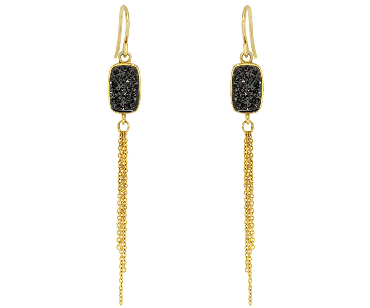 Dangling Chain Black Druzy 14k Vermeil Earrings