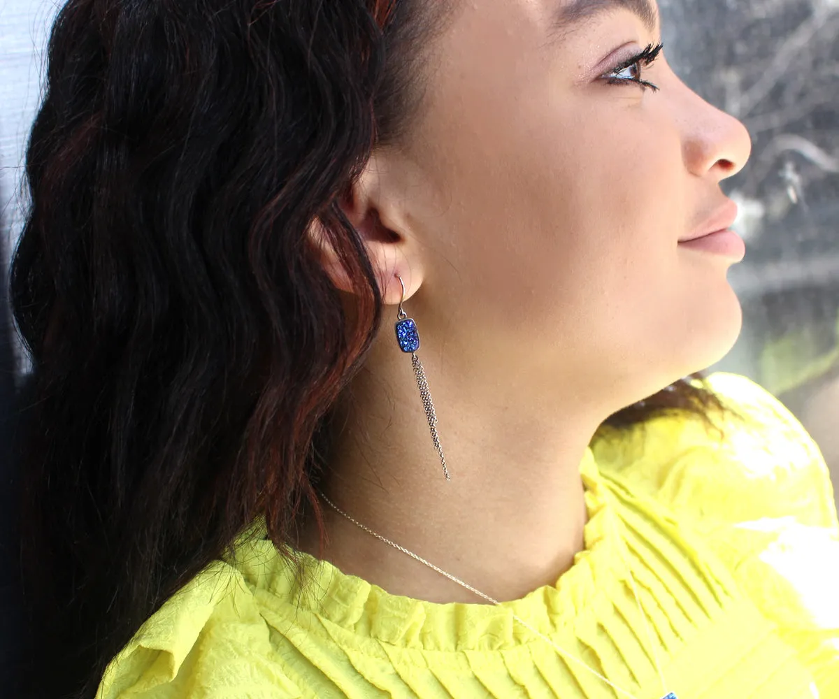 Dangling Chain Blue Druzy Earrings