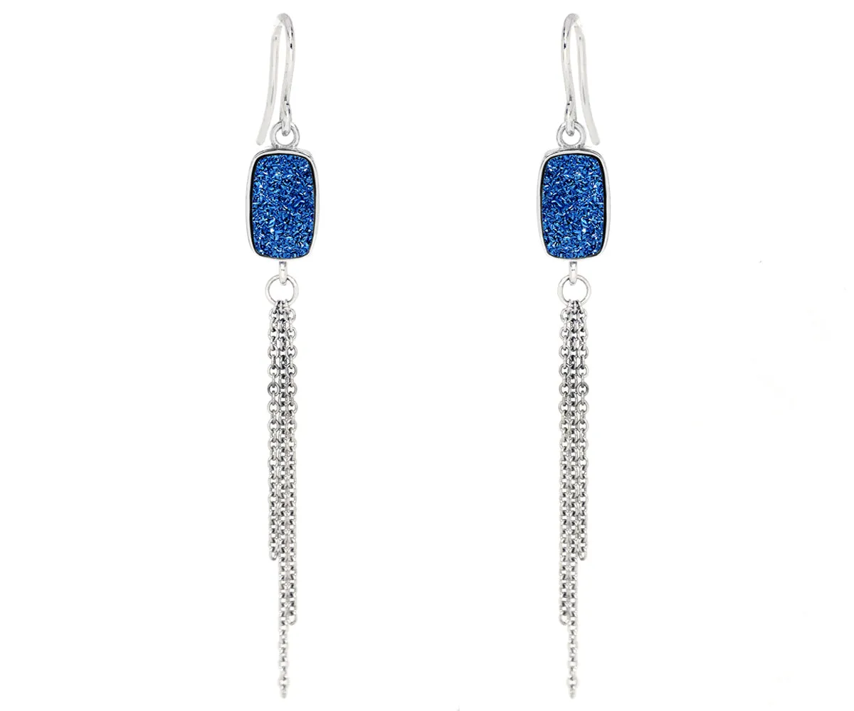 Dangling Chain Blue Druzy Earrings