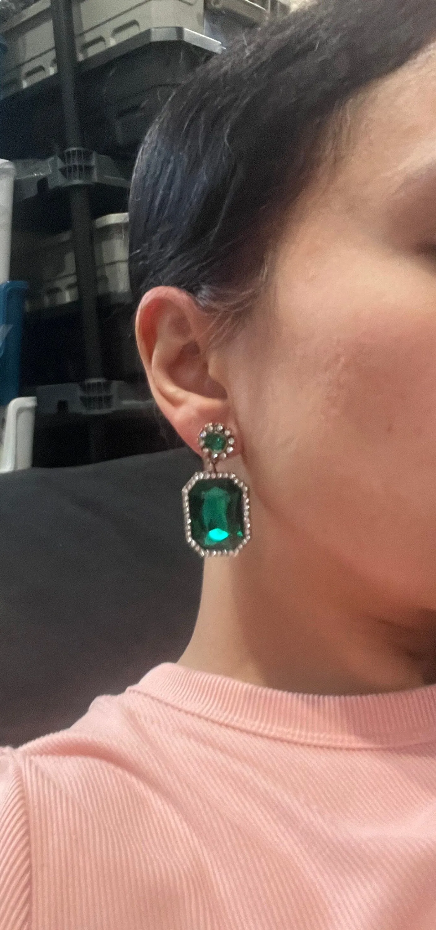 Dark Green earrings  , tear drop forest green crystal Rhinestone rectangle Crystal Pageant  green Earrings
