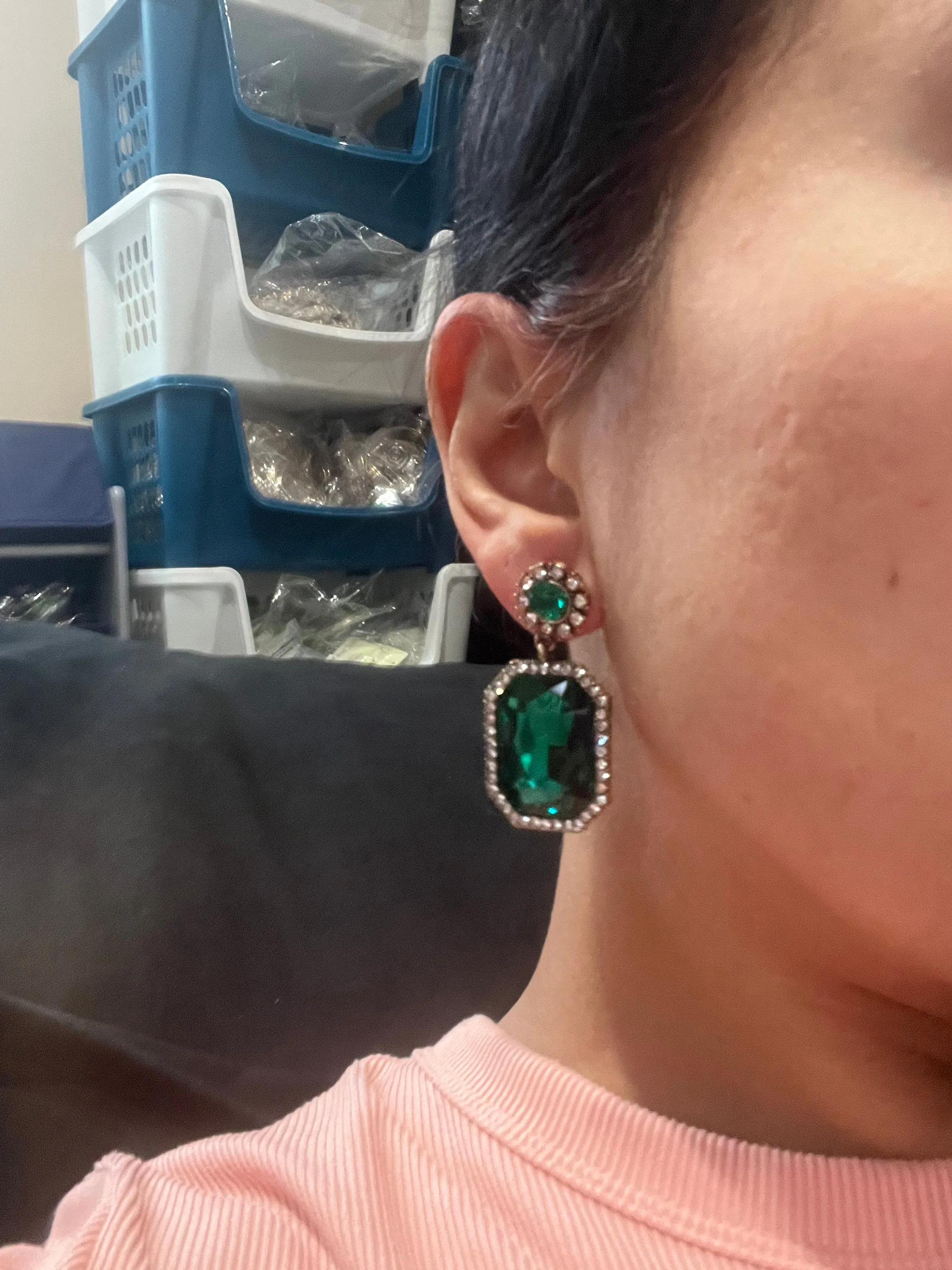 Dark Green earrings  , tear drop forest green crystal Rhinestone rectangle Crystal Pageant  green Earrings