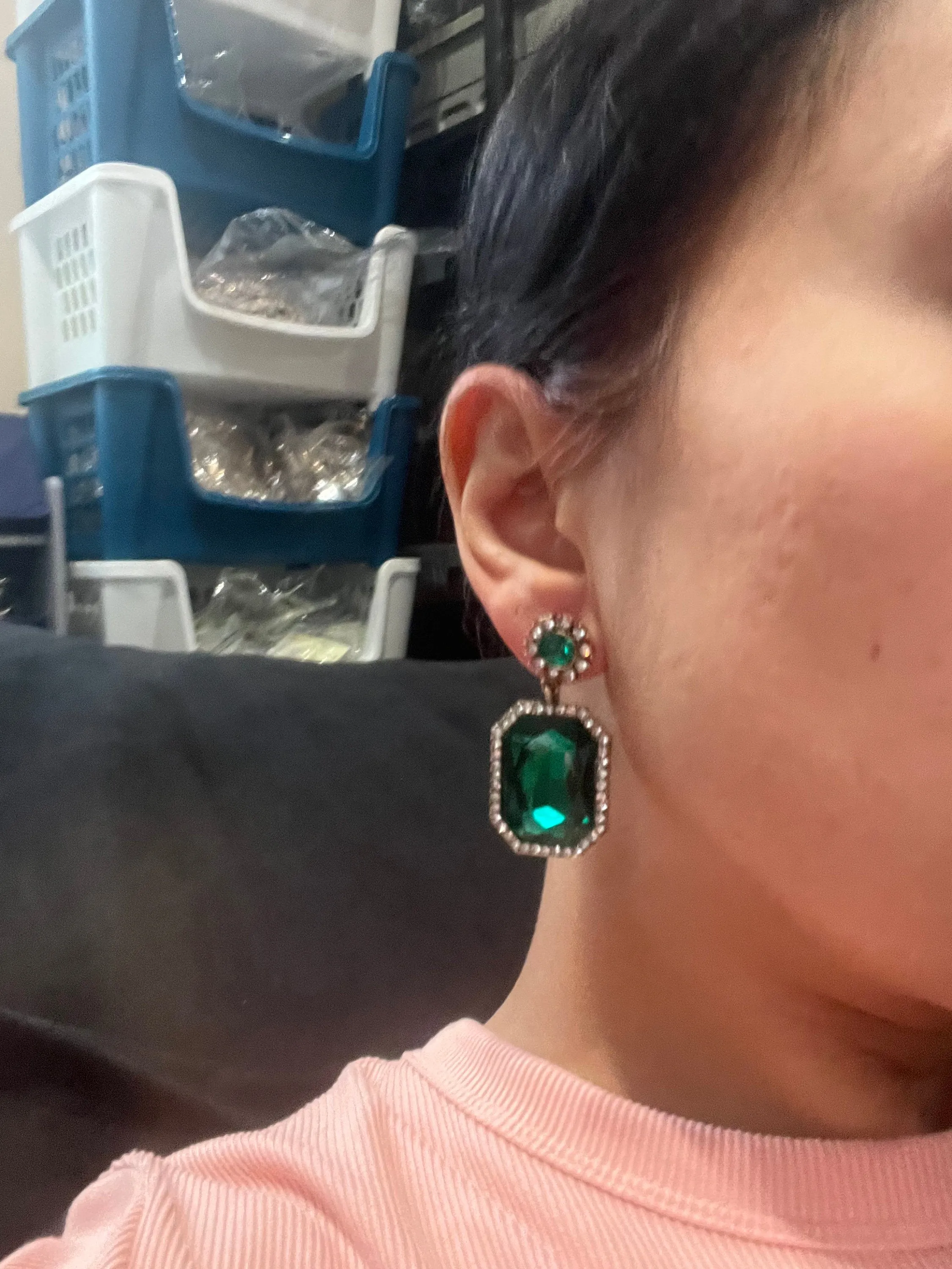 Dark Green earrings  , tear drop forest green crystal Rhinestone rectangle Crystal Pageant  green Earrings