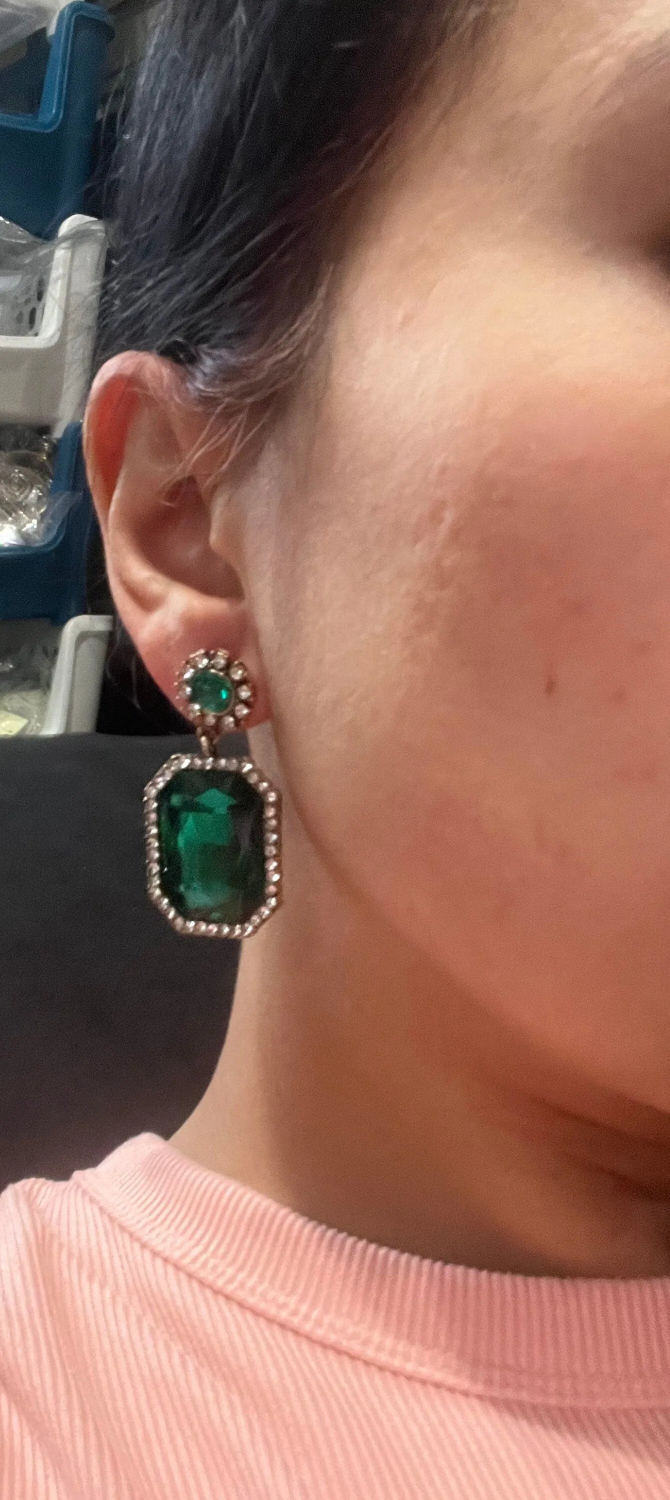 Dark Green earrings  , tear drop forest green crystal Rhinestone rectangle Crystal Pageant  green Earrings