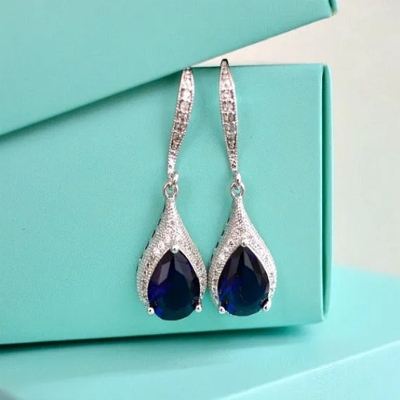 Dark Sapphire Blue CZ Bridal Earrings. Micro Pave Cubic Zirconia Sapphire Drop Hook Earrings. Blue Wedding. Bridesmaids Earrings.