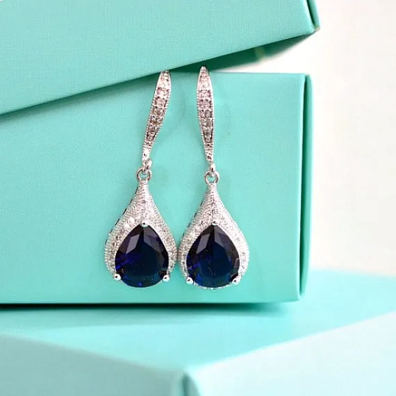Dark Sapphire Blue CZ Bridal Earrings. Micro Pave Cubic Zirconia Sapphire Drop Hook Earrings. Blue Wedding. Bridesmaids Earrings.