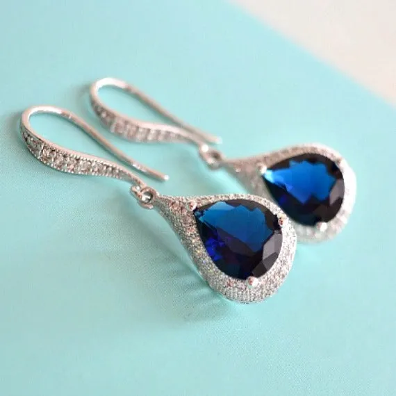 Dark Sapphire Blue CZ Bridal Earrings. Micro Pave Cubic Zirconia Sapphire Drop Hook Earrings. Blue Wedding. Bridesmaids Earrings.