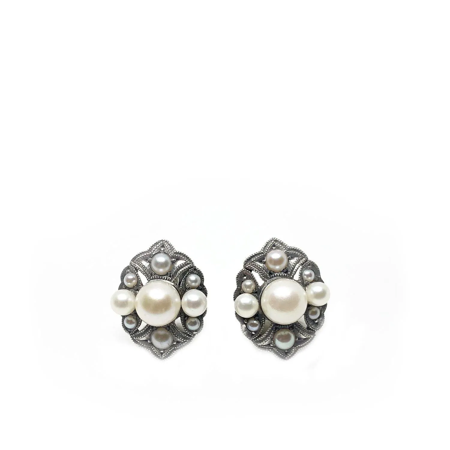 Deco Milgrain Akoya Saltwater Cultured Pearl Screwback Earrings- Sterling Silver