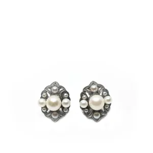Deco Milgrain Akoya Saltwater Cultured Pearl Screwback Earrings- Sterling Silver