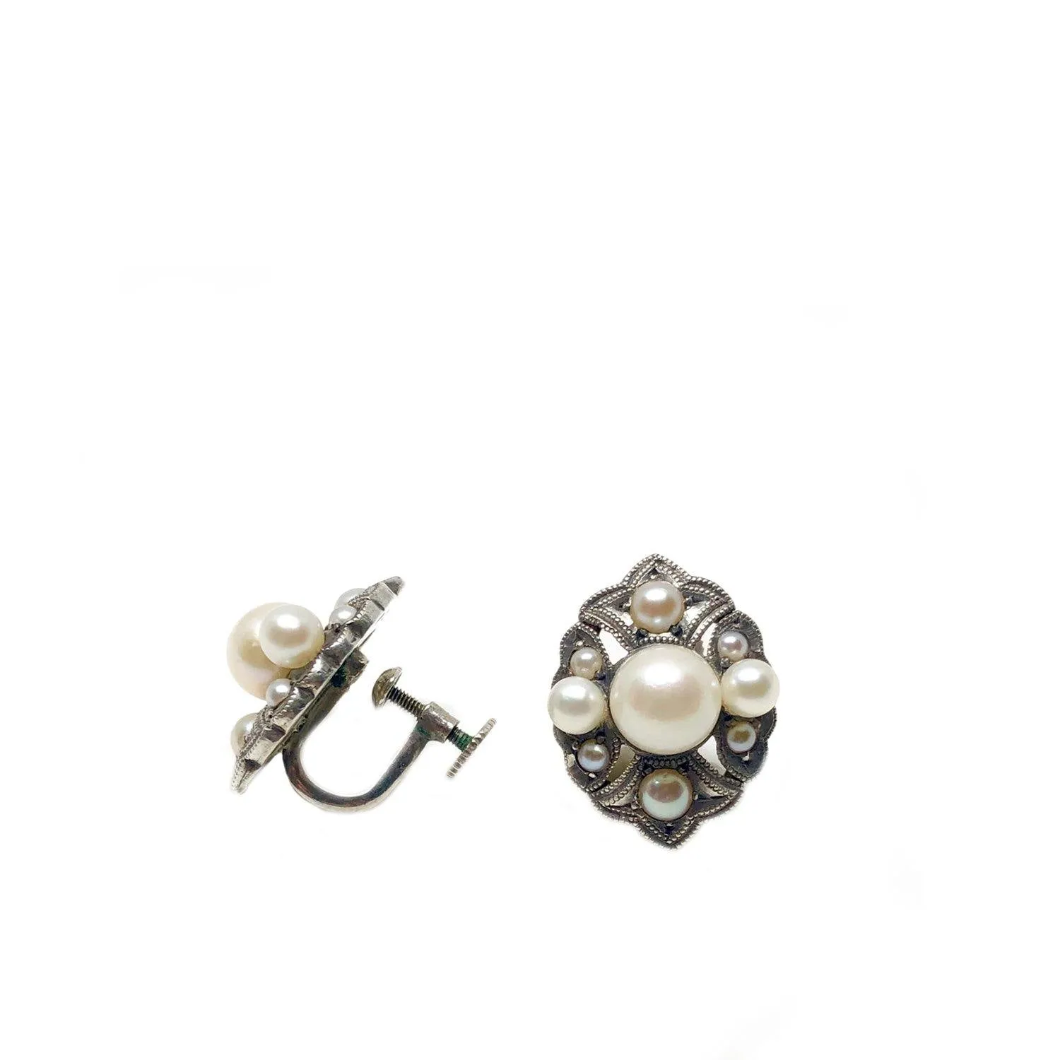 Deco Milgrain Akoya Saltwater Cultured Pearl Screwback Earrings- Sterling Silver