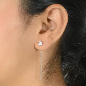 Delicate Silver Drop Earrings with Square Cut Center Stone