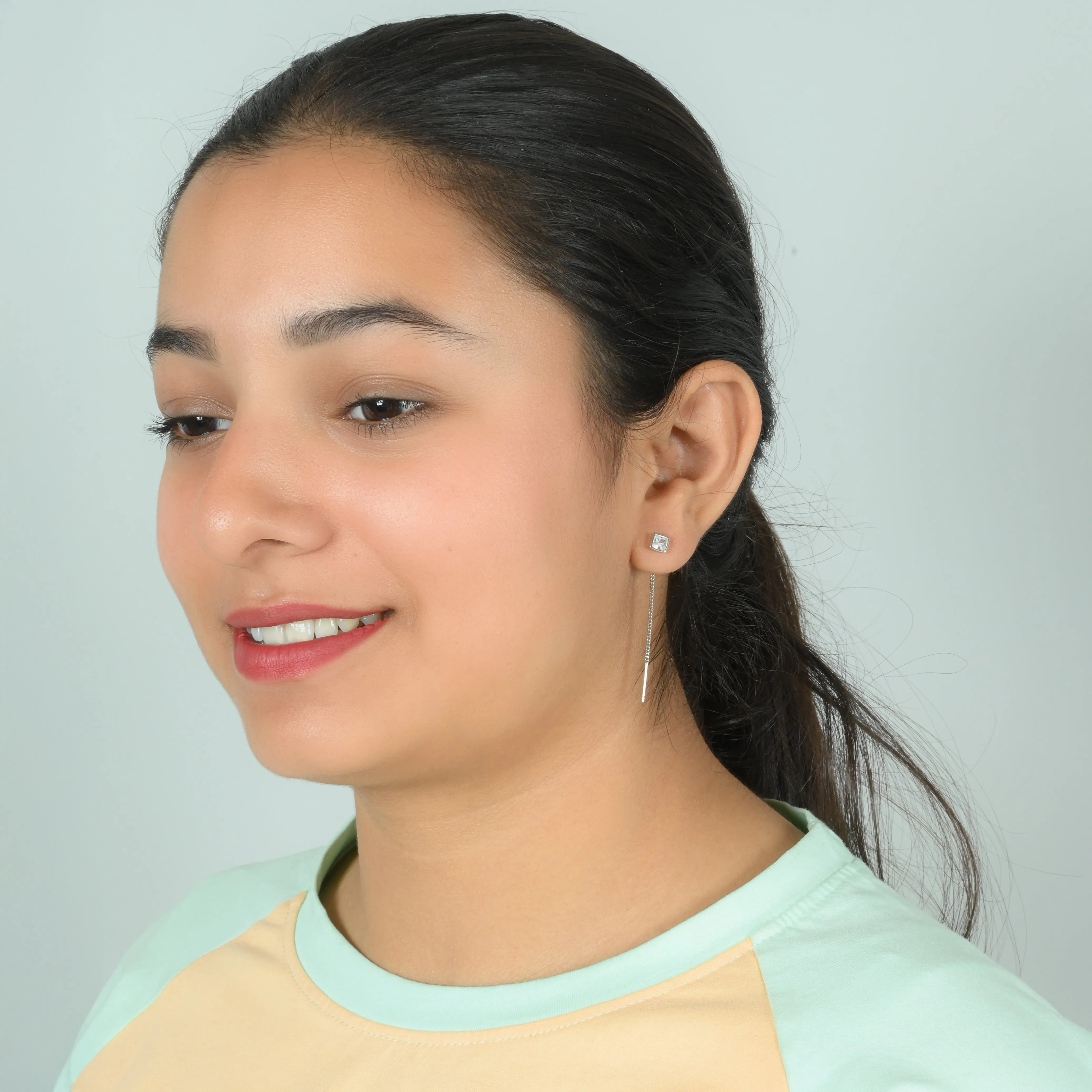 Delicate Silver Drop Earrings with Square Cut Center Stone