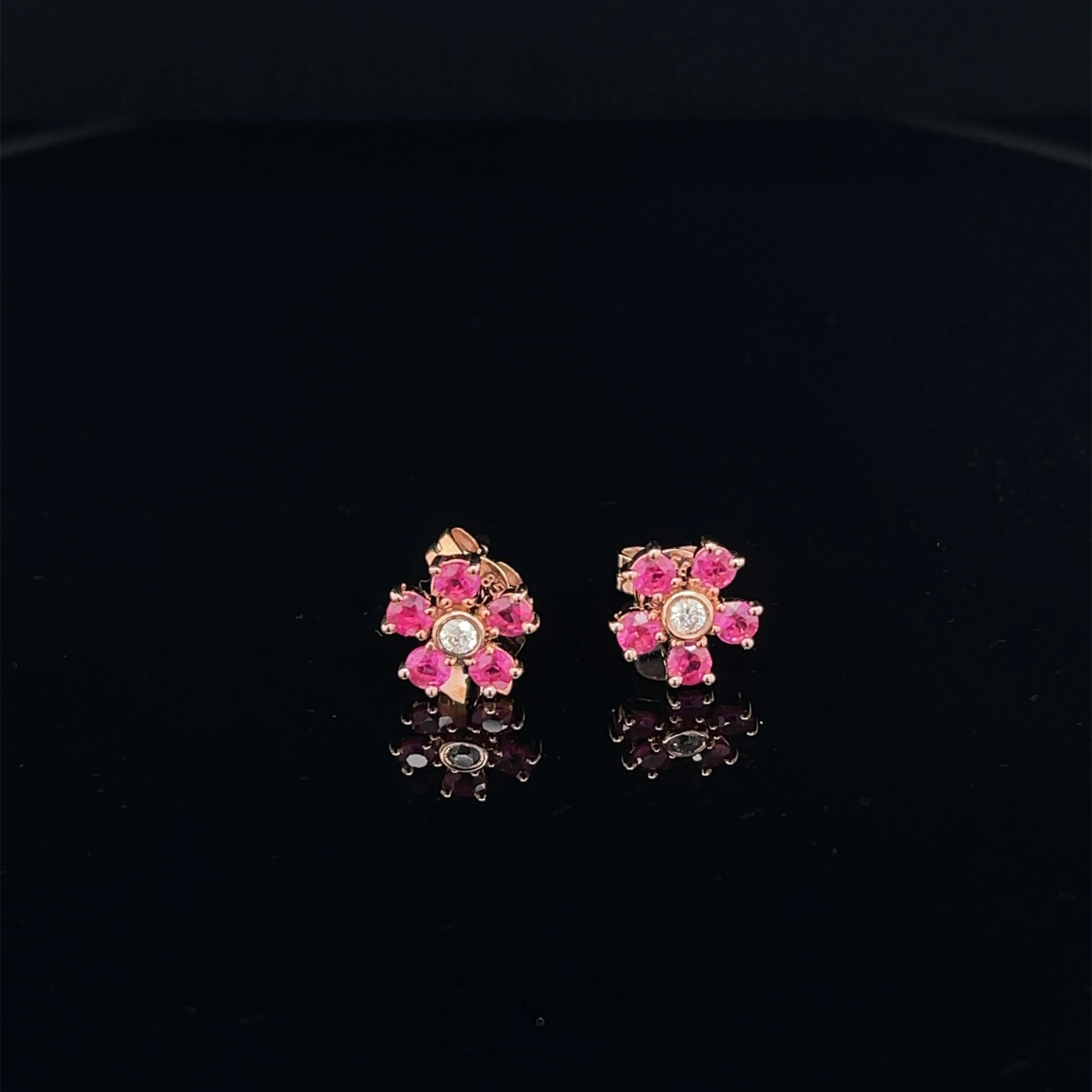 Diamond & Ruby Flower Bouquet Stud Earrings in 14k Rose Gold - #174 KVE00105RU - 004