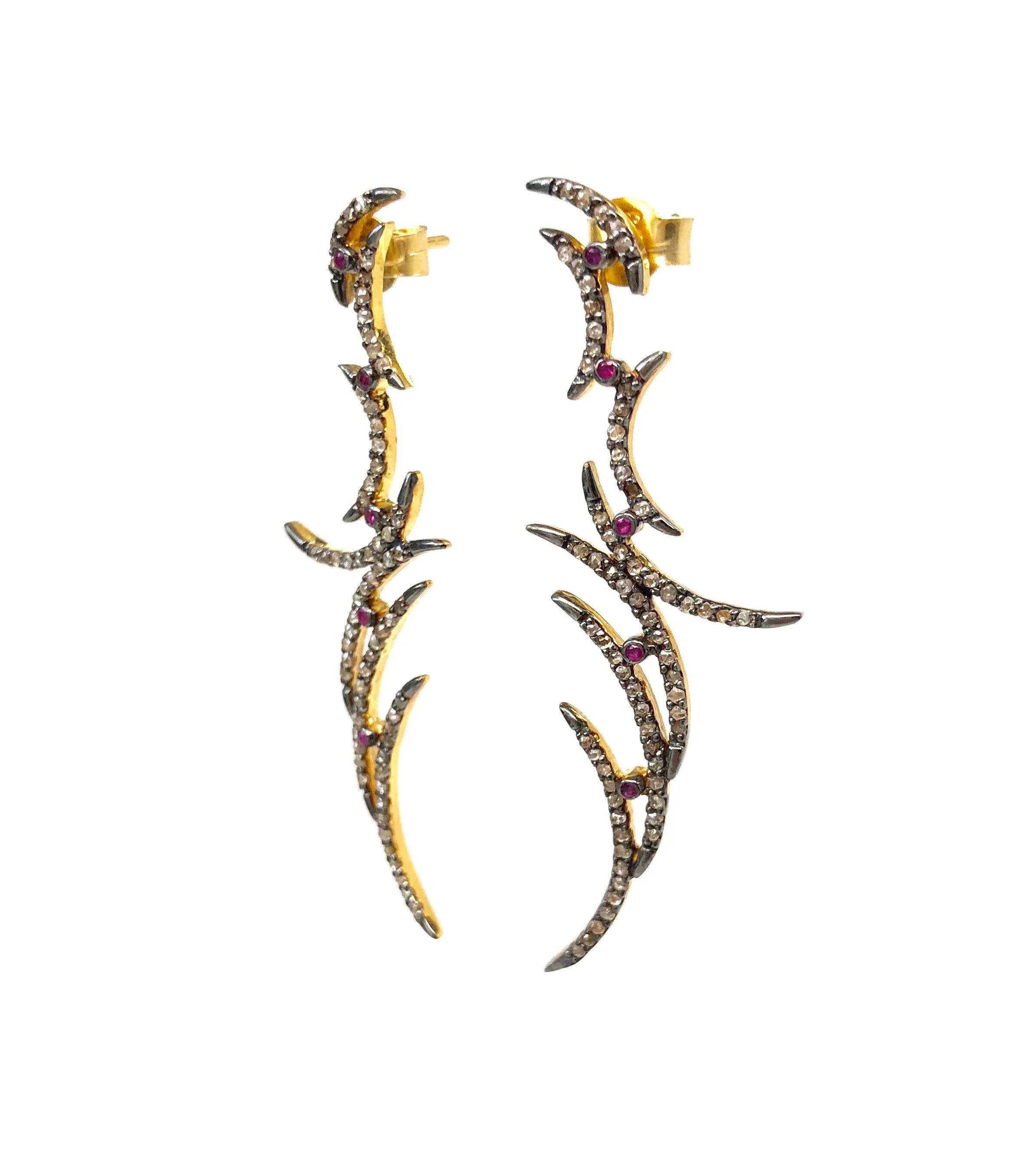 Diamond Crescent Earrings with Ruby Accents