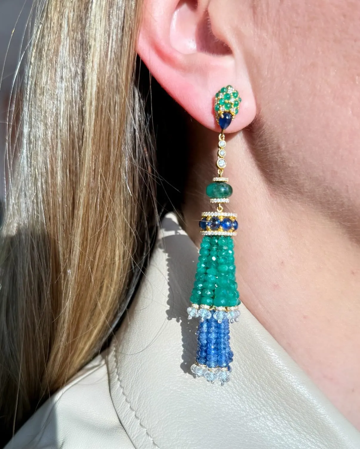 Diamond, Emerald, Blue and White Sapphire Earrings, 18k