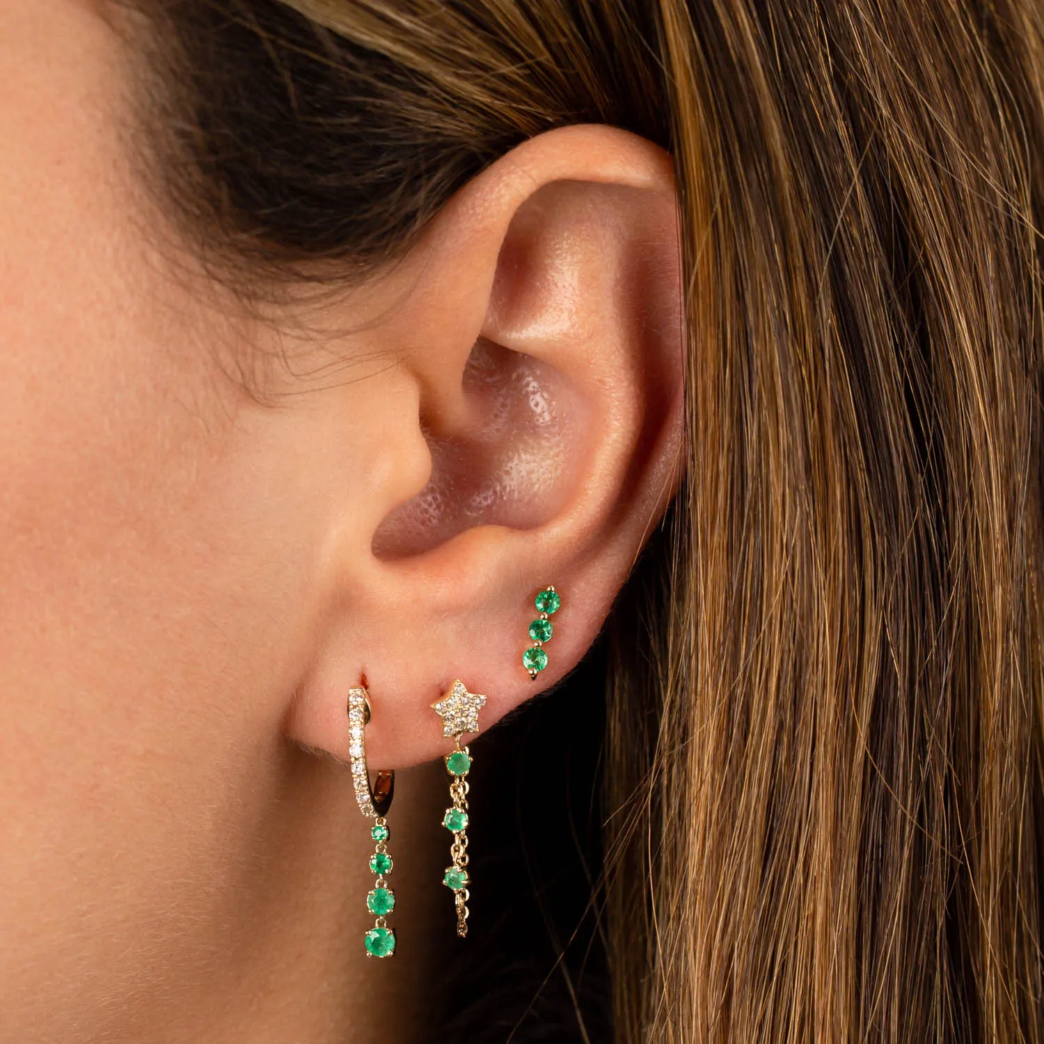 Diamond X Gemstone Dangling Drop Huggie Earring 14K