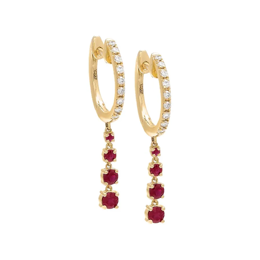 Diamond X Gemstone Dangling Drop Huggie Earring 14K