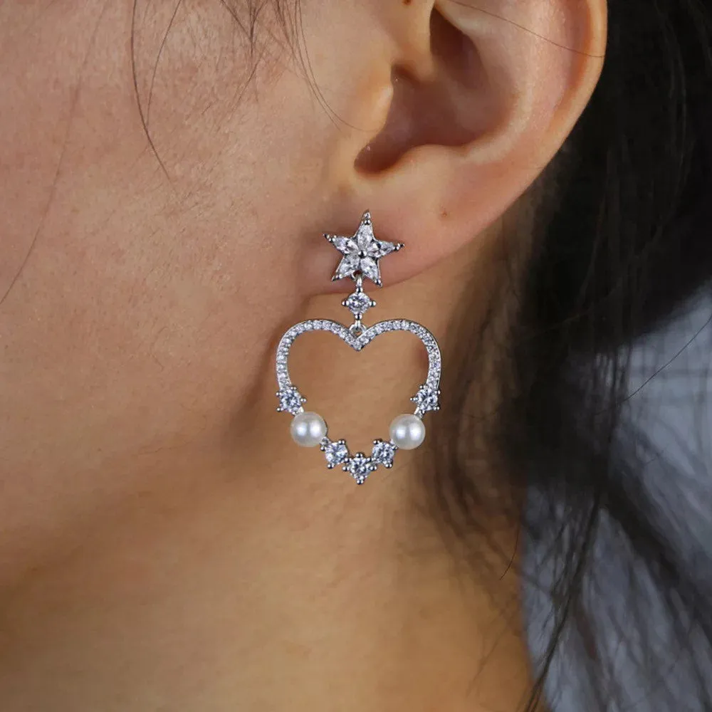 Diamonds and Pearls Heart Earrings