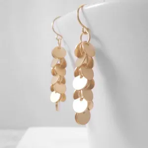 Disk Earrings, gold cluster earrings, matte gold disk earrings, sequin earrings, fringe earrings, small circle earrings long dangle earrings