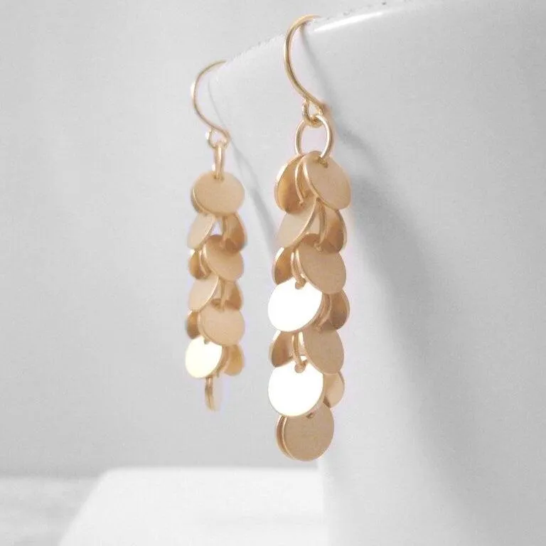 Disk Earrings, gold cluster earrings, matte gold disk earrings, sequin earrings, fringe earrings, small circle earrings long dangle earrings