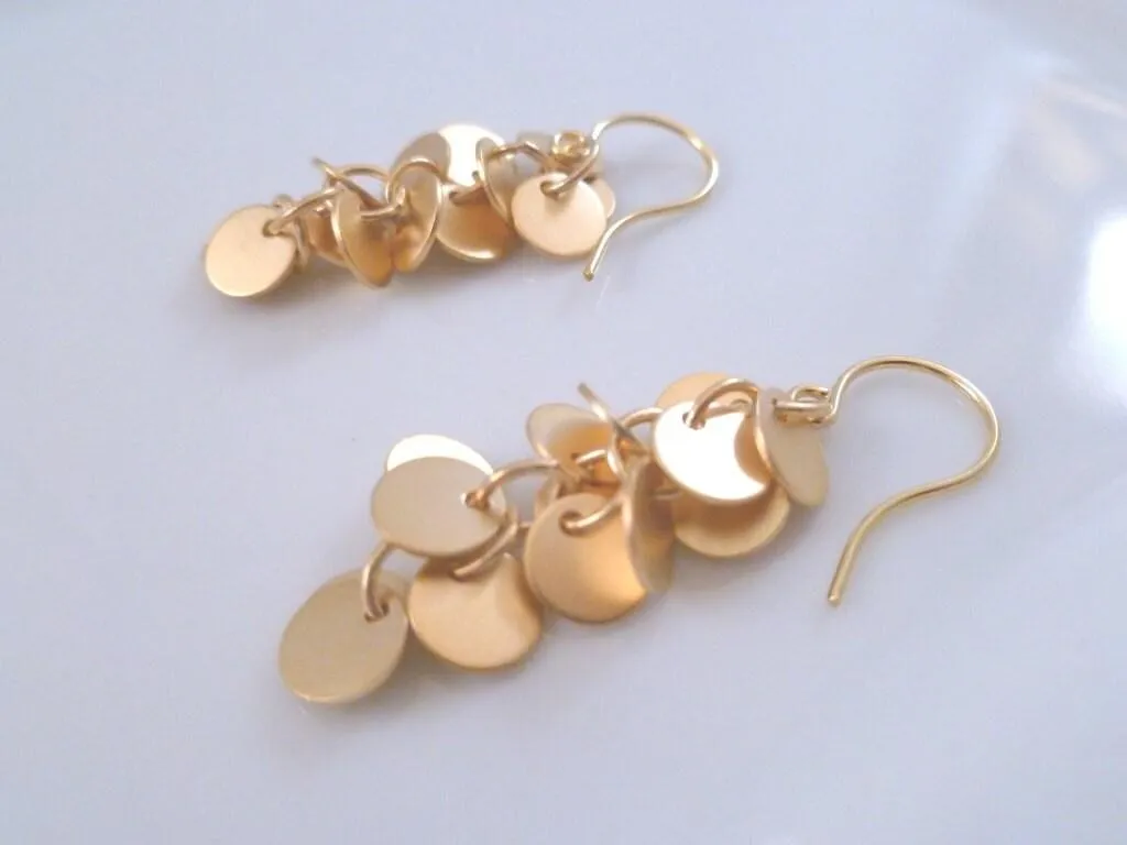 Disk Earrings, gold cluster earrings, matte gold disk earrings, sequin earrings, fringe earrings, small circle earrings long dangle earrings