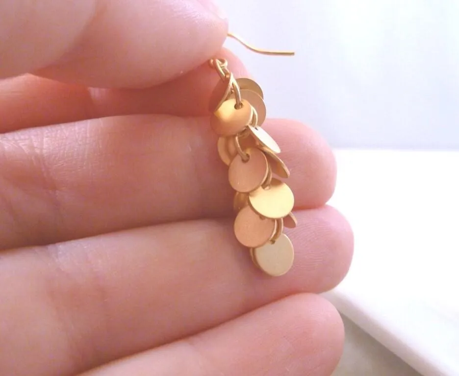 Disk Earrings, gold cluster earrings, matte gold disk earrings, sequin earrings, fringe earrings, small circle earrings long dangle earrings