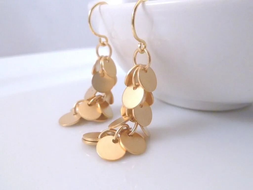 Disk Earrings, gold cluster earrings, matte gold disk earrings, sequin earrings, fringe earrings, small circle earrings long dangle earrings