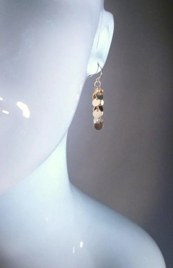 Disk Earrings, gold cluster earrings, matte gold disk earrings, sequin earrings, fringe earrings, small circle earrings long dangle earrings